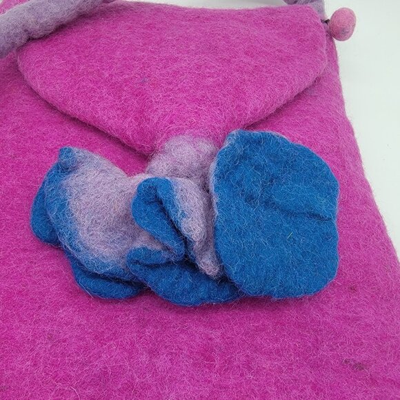Wool Purse Handmade In Nepal 100% Wool Crossbody‎ Bag Bright Mauve W/ Flower - Picture 3 of 10